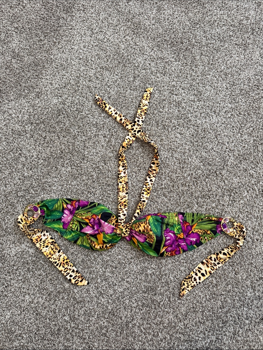 VS Tropical Floral & Leopard Print Bandeau Swim Top - Green & Purple Size M